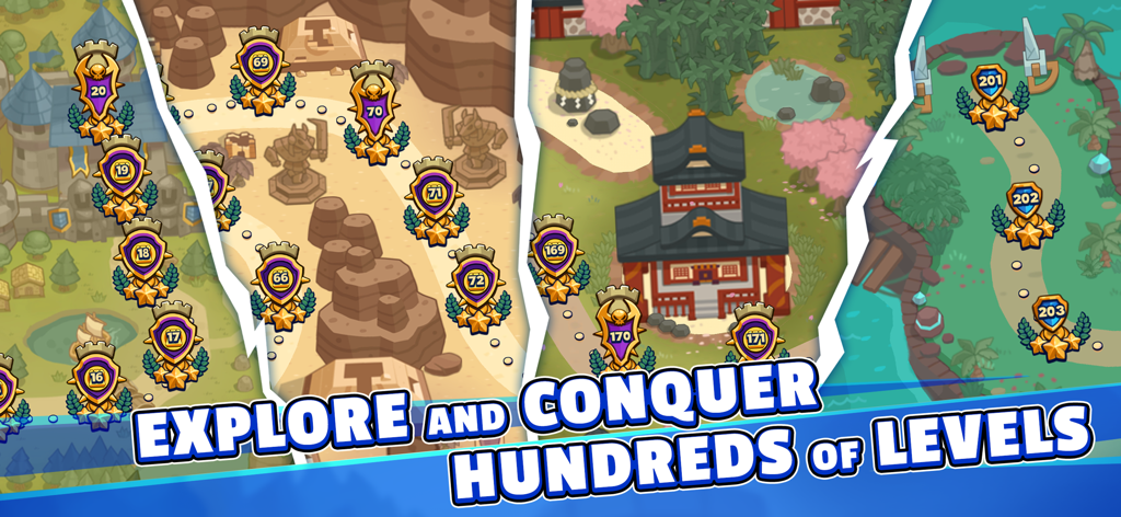 Realm Defense: Hero Legends TD - Screenshot of various world maps and levels in Realm Defense Hero Legends TD