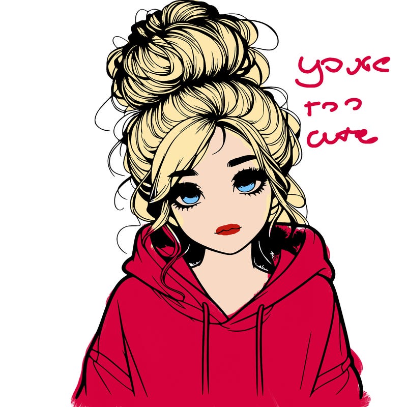 realistic girl with a massy bun and a hoodie