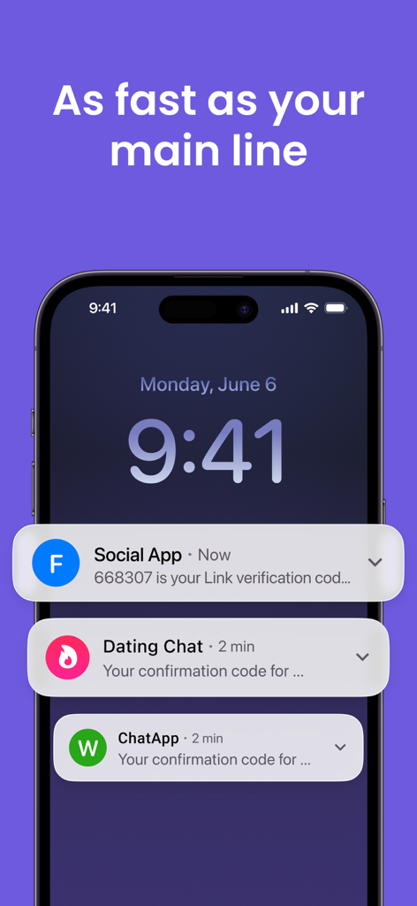 Second Phone Number: 2nd eSIM - ソーシャルおよびデーティングアプリの認証コード通知を示すスマートフォンのロック画面
