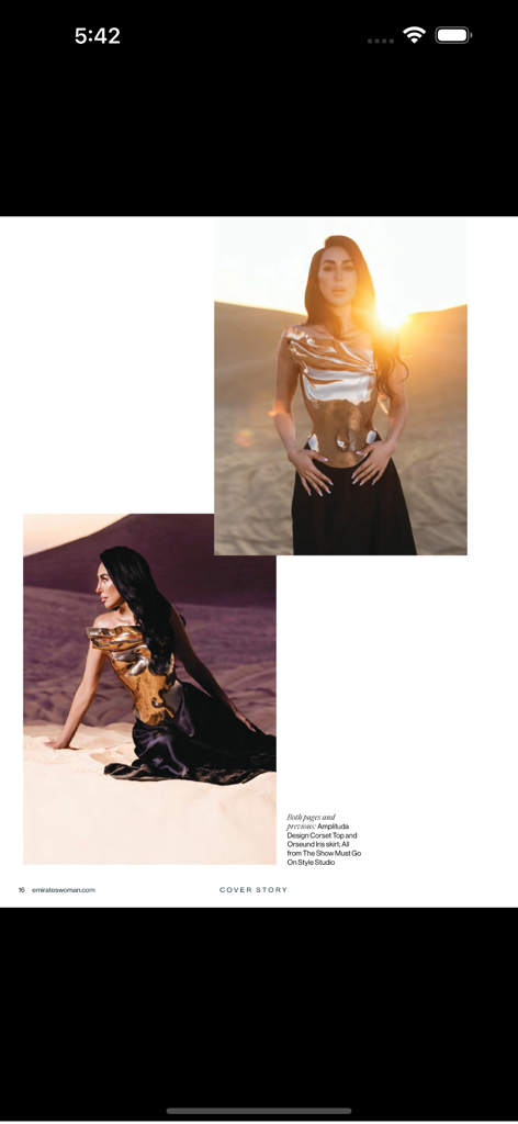 Emirates Woman - A luxury fashion editorial from the Emirates Woman magazine app showing a model in the desert