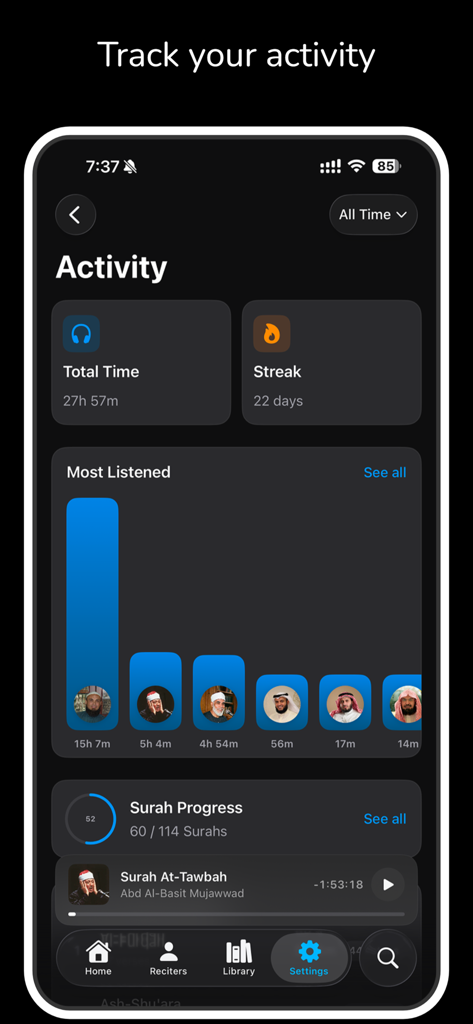 Quran Audio by Quran.com - Quran Audio app activity dashboard showing total listening time streak and reciter statistics