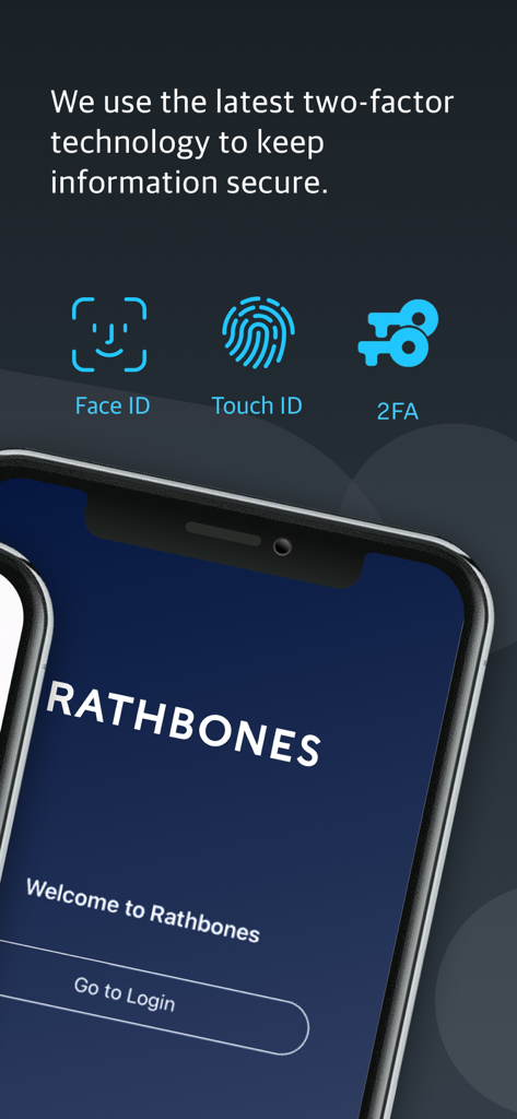 MyRathbones app login screen showcasing biometric security features including Face ID Touch ID and two factor authentication