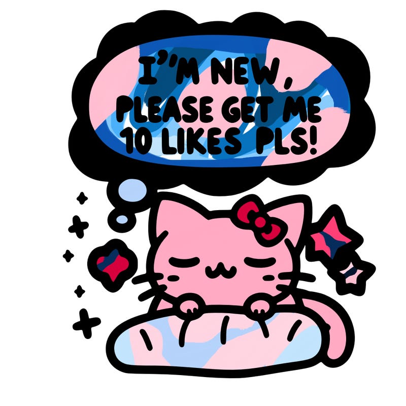 kitty taking a nap dream talking and saying "i'm new, please get me at least 10 likes pls!!"