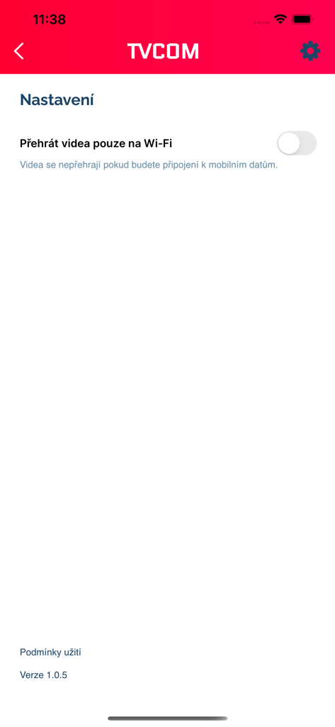 TVCOM app settings screen showing a toggle switch for playing videos only on Wi-Fi connection.