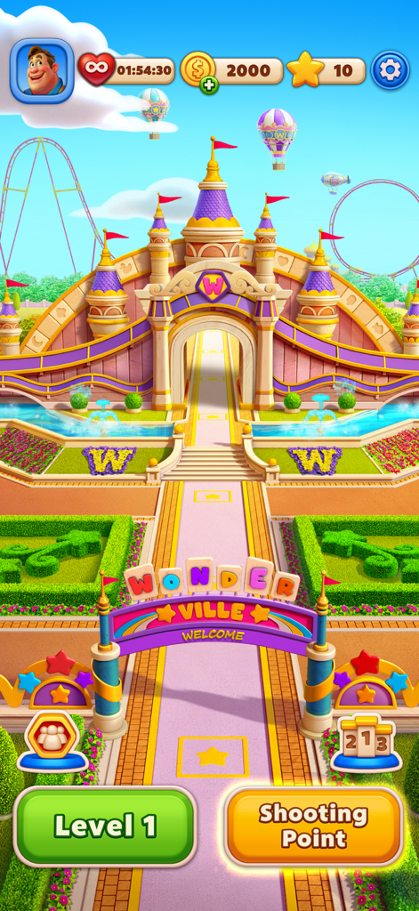 Wonder Blast - Main entrance view of Wonderville theme park in the Wonder Blast mobile game.