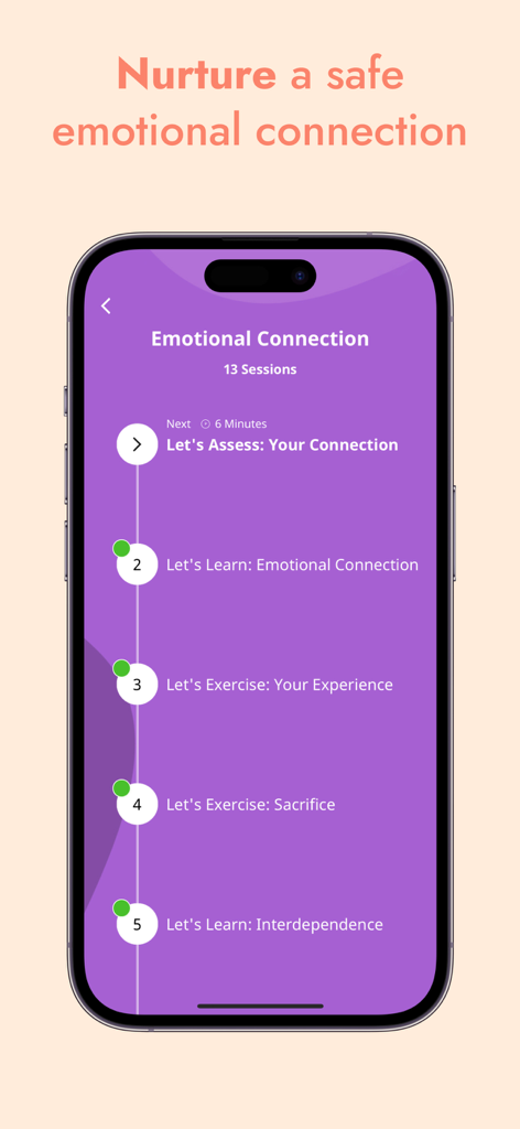 A smartphone displaying the Emotional Connection session list in the Lasting marriage counseling app with a sequence of guided exercises.