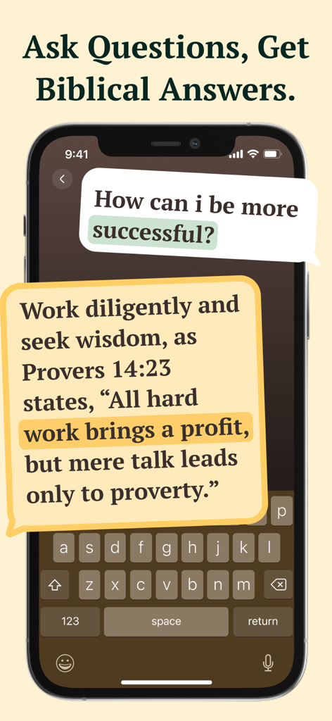 Path: Heaven bible Chat, Study - Path Heaven Bible Chat app interface showing an AI response with a scripture verse from Proverbs about success