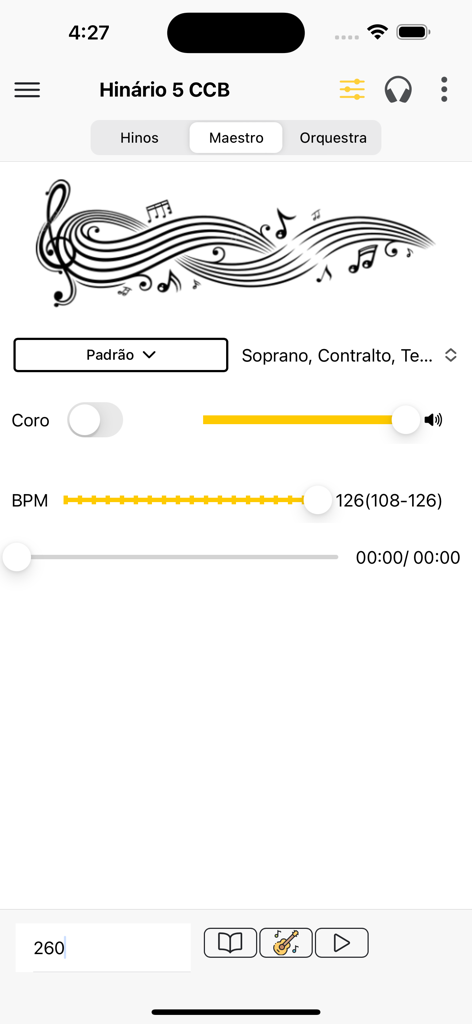 Hinário 5 CCB - Maestro mode interface in the Hinário 5 CCB app featuring BPM, volume, and voice selection controls for musicians.