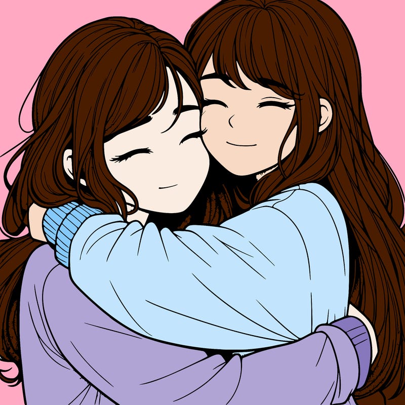 realistic two girls hugging