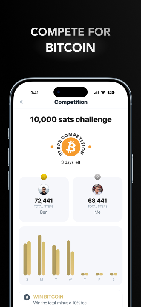 sMiles app screen showing a Bitcoin rewards steps challenge with a user leaderboard and activity chart.