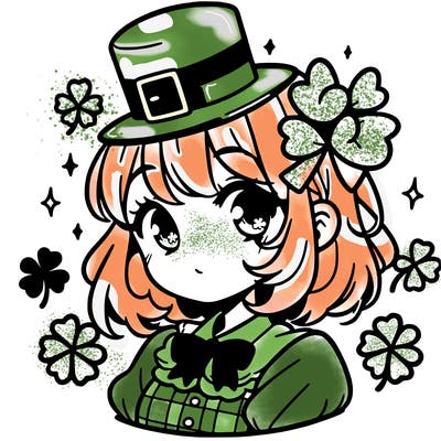 a manga-style girl with clovers around her, a little hat in her hair, like it's saint patrick's day