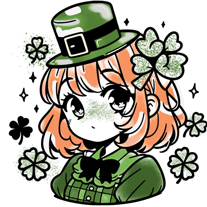 a manga-style girl with clovers around her, a little hat in her hair, like it's saint patrick's day