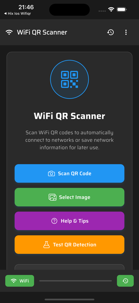 WiFi QR Scanner app home screen with buttons to scan QR code or select an image