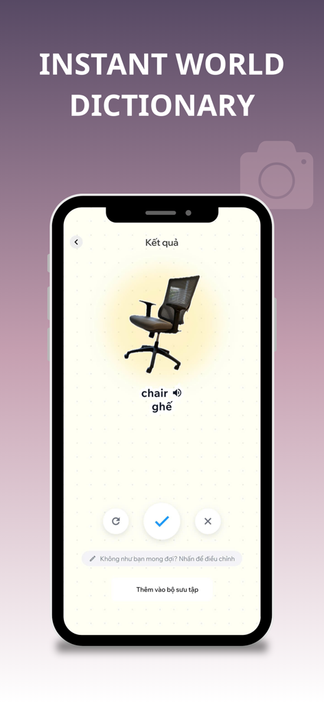 Dot Speak: Your English Coach - Recurso de dicionário visual do aplicativo Dot Speak identificando uma cadeira de escritório e fornecendo traduções em inglês e vietnamita