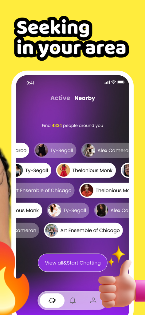Oops app screen showing nearby active users with a start chatting button.