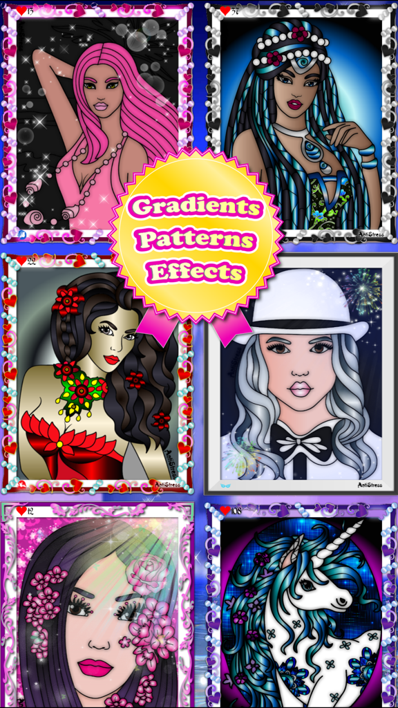 Adult Coloring Books with Fun Games for Adults - A collection of colored fantasy illustrations including enchantresses and a unicorn featuring gradients and patterns.