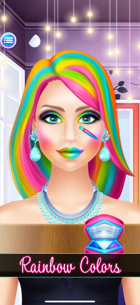 A character with rainbow hair and colorful makeup in the Makeup Games Dress Up Salon app.