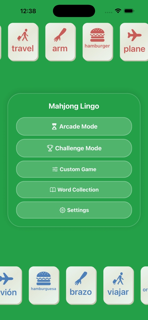Mahjong Lingo - Main menu of Mahjong Lingo app showing arcade and challenge modes with educational vocabulary tiles