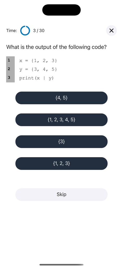 Una pregunta de práctica de opción múltiple para el examen de certificación PCEP de Python.