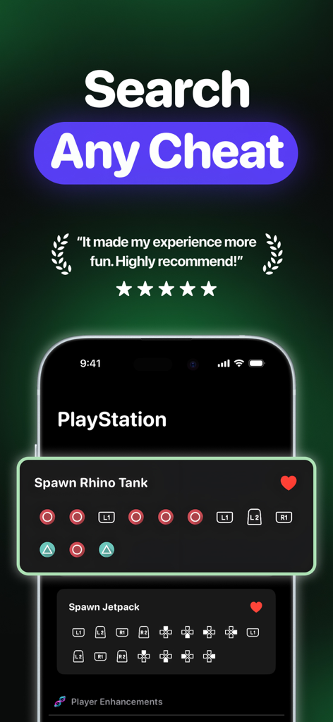 Mobile app screen showing PlayStation cheat codes for GTA San Andreas including Spawn Rhino Tank and Jetpack