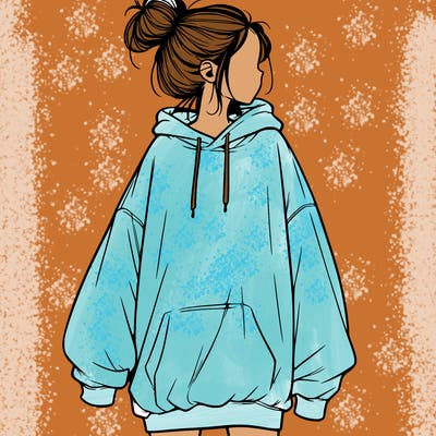 realistic girl with a oversized sweatshirt on and a bun