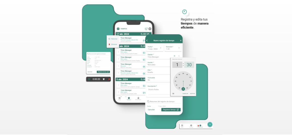 Time Manager - Interfaccia mobile dell'app Time Manager che mostra il monitoraggio delle ore fatturabili e i registri delle voci di tempo per professionisti legali