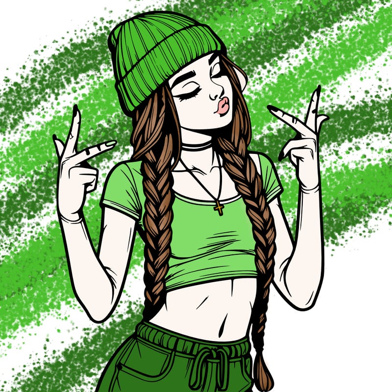 realistic teenage girl with braids and a beanie and crop top doing 🫶🏼