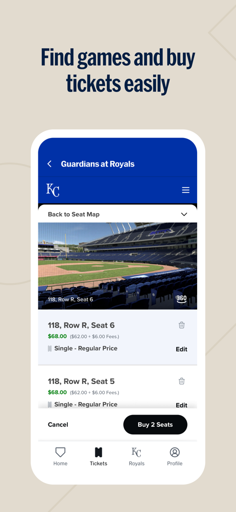 MLB Ballpark app interface for selecting seats and buying tickets for a baseball game