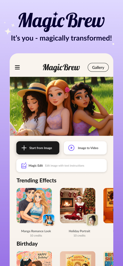 MagicBrew: AI Photo Editor - Interfaccia dell'app MagicBrew che mostra effetti fotografici AI come manga romantici e ritratti festivi