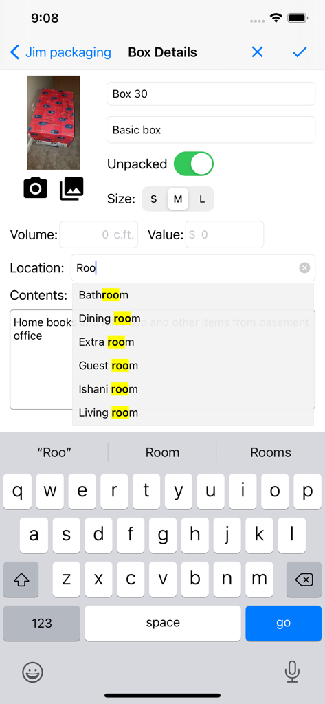Moving Organizer Pro - Interface of the Moving Organizer Pro app showing detailed information for a moving box including photo, size, and room location selection.