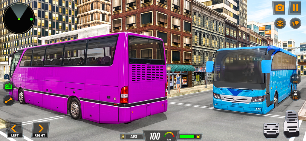Real Modern City Bus Driving - Gameplay screenshot of Real Modern City Bus Driving featuring a purple bus on a city road