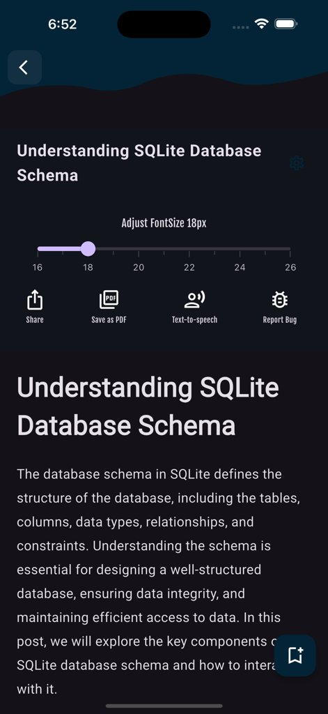 SQLiteデータベーススキーマを説明する教育画面。テキスト読み上げやフォント調整などのアクセシビリティ機能も備えています。