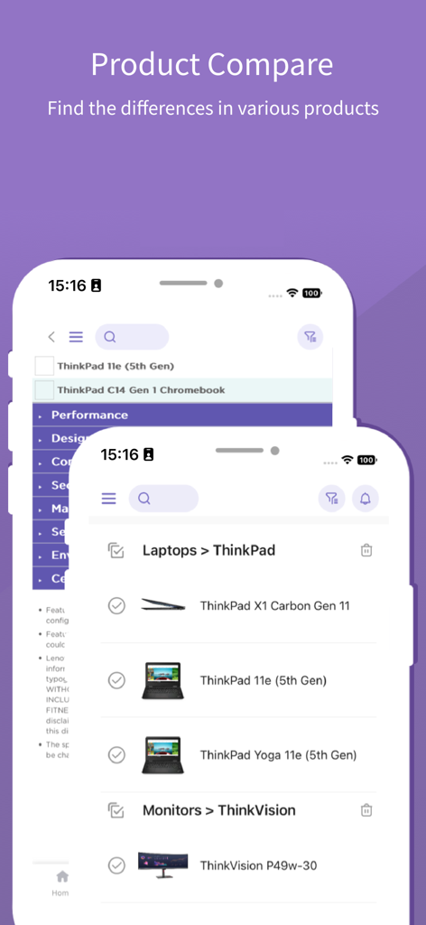 Lenovo PSREF - Lenovo PSREF mobile app showing product comparison between ThinkPad models and a list of hardware specifications.