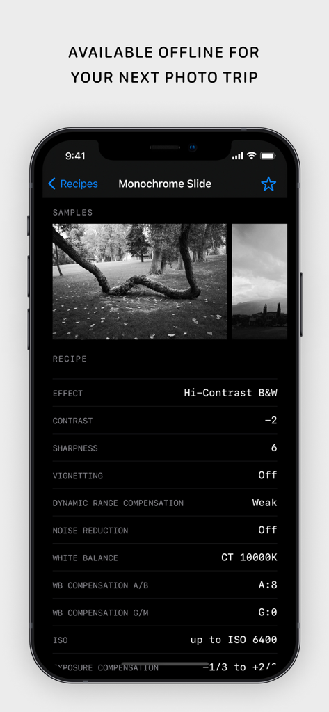 Ricoh Recipes — JPEG Settings - Um smartphone mostrando as configurações da receita Monochrome Slide no aplicativo Ricoh Recipes com fotos de amostra em preto e branco