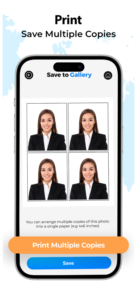 Passport Size ID Photo Maker - Eine mobile App-Oberfläche, die ein Raster von vier identischen Passfotos für den Druck mehrerer Kopien anzeigt.