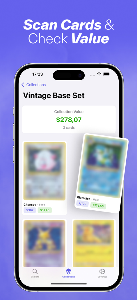 TCG Card Scanner - Smartphone exibindo uma coleção de cartas Pokemon com preços de mercado individuais e rastreamento de valor total