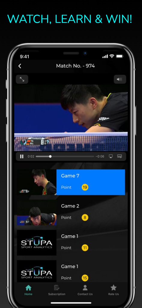 Stupa Analytics - A screenshot of Stupa Analytics app displaying a table tennis match video with a breakdown of points by game.