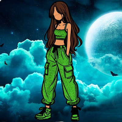 girl in baggy pants crop top and long hair