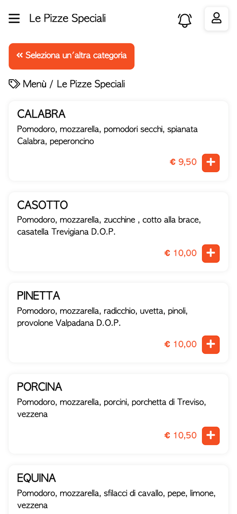 Menu screen of the Pane Pizza app listing special pizzas with ingredients and prices