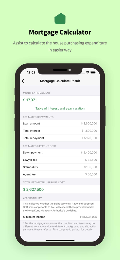 Screenshot of the 28Hse app mortgage calculator showing monthly repayment and estimated upfront costs for Hong Kong real estate.