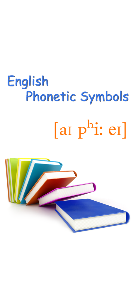 English Phonetic Symbols IPA - Introductory screen for English Phonetic Symbols IPA app with colorful books and phonetic transcriptions.