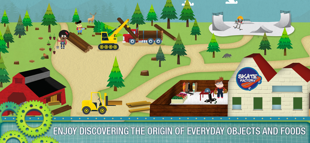 Educational cartoon showing how wood is harvested and used to manufacture skateboards in a factory