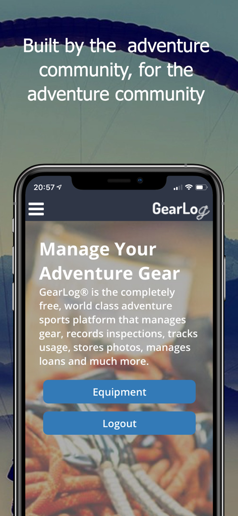 GearLog app home screen featuring adventure gear management and equipment tracking
