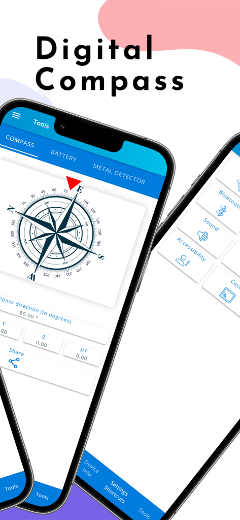 Metal Detector & Gold Finder - Mobile app screenshot showing a digital compass and device settings shortcuts on two smartphone screens.