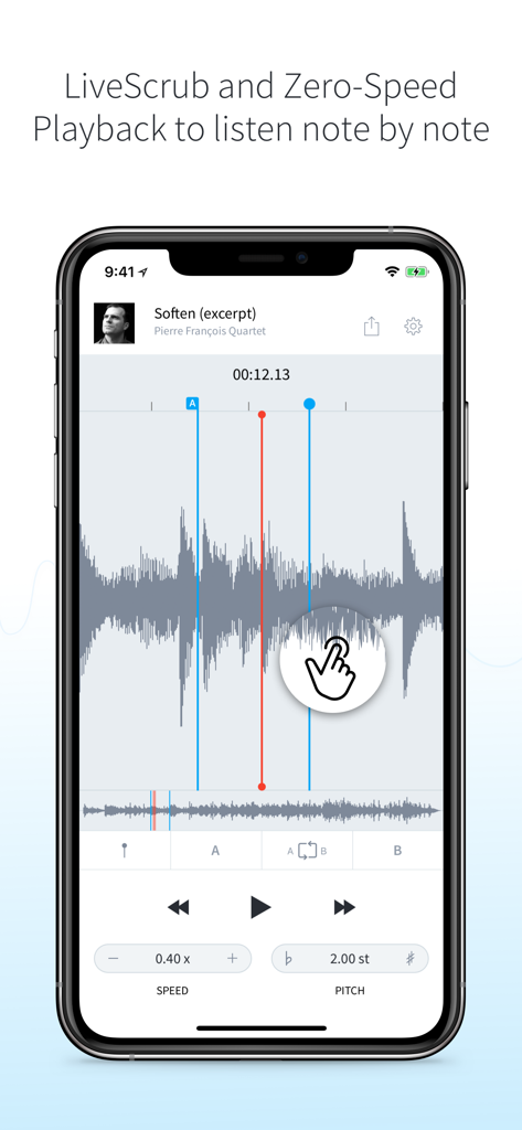 AudioStretch app interface showing waveform scrubbing for note by note playback