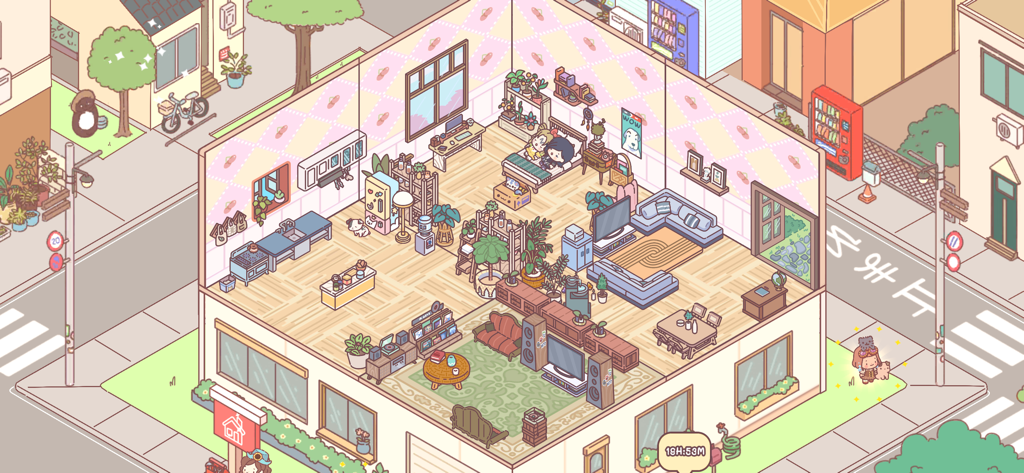 Pocket Love! - Visão isométrica de uma casa totalmente mobiliada em tons pastel em Pocket Love, apresentando um quarto e uma sala de estar.