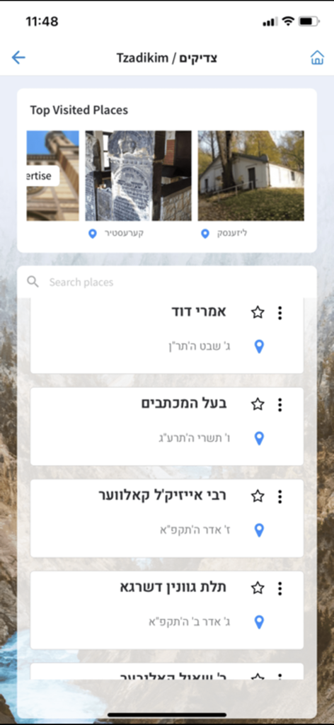 Nesiya Tova - Nesiya Tova app interface showing a list of top visited holy sites and a directory of Tzadikim for Jewish pilgrimage planning.