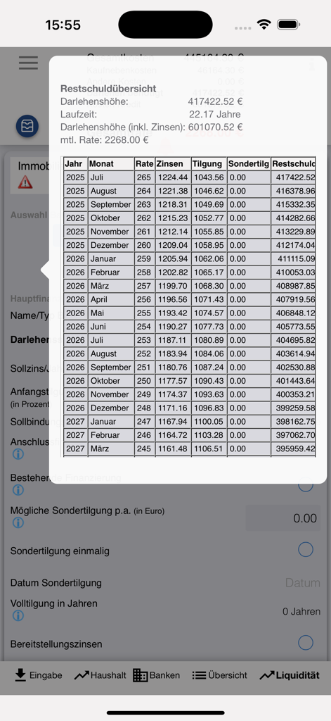 DER Gehaltsrechner - Uma tabela detalhada de cronograma de pagamento de hipoteca mostrando parcelas mensais e dívida restante no aplicativo financeiro alemão