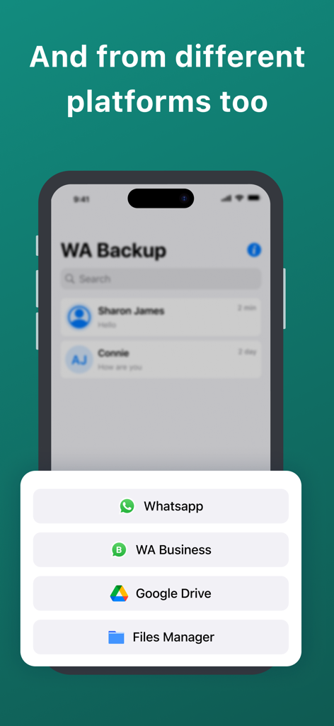 Interface showing options to import chats from WhatsApp, WA Business, Google Drive, and Files Manager