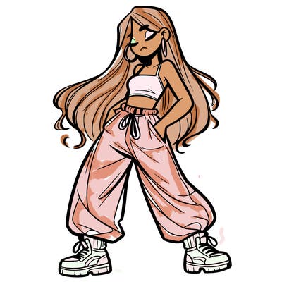 girl in baggy pants crop top and long hair